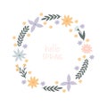 Spring time. Cartoon floral wreath, hand drawing lettering, decoration elements. colorful vector illustration, flat style. Royalty Free Stock Photo